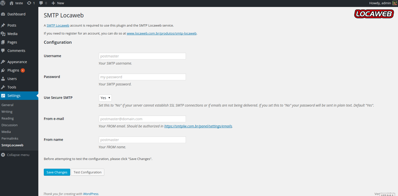 Configuration options for using the SmtpLocaweb SMTP servers