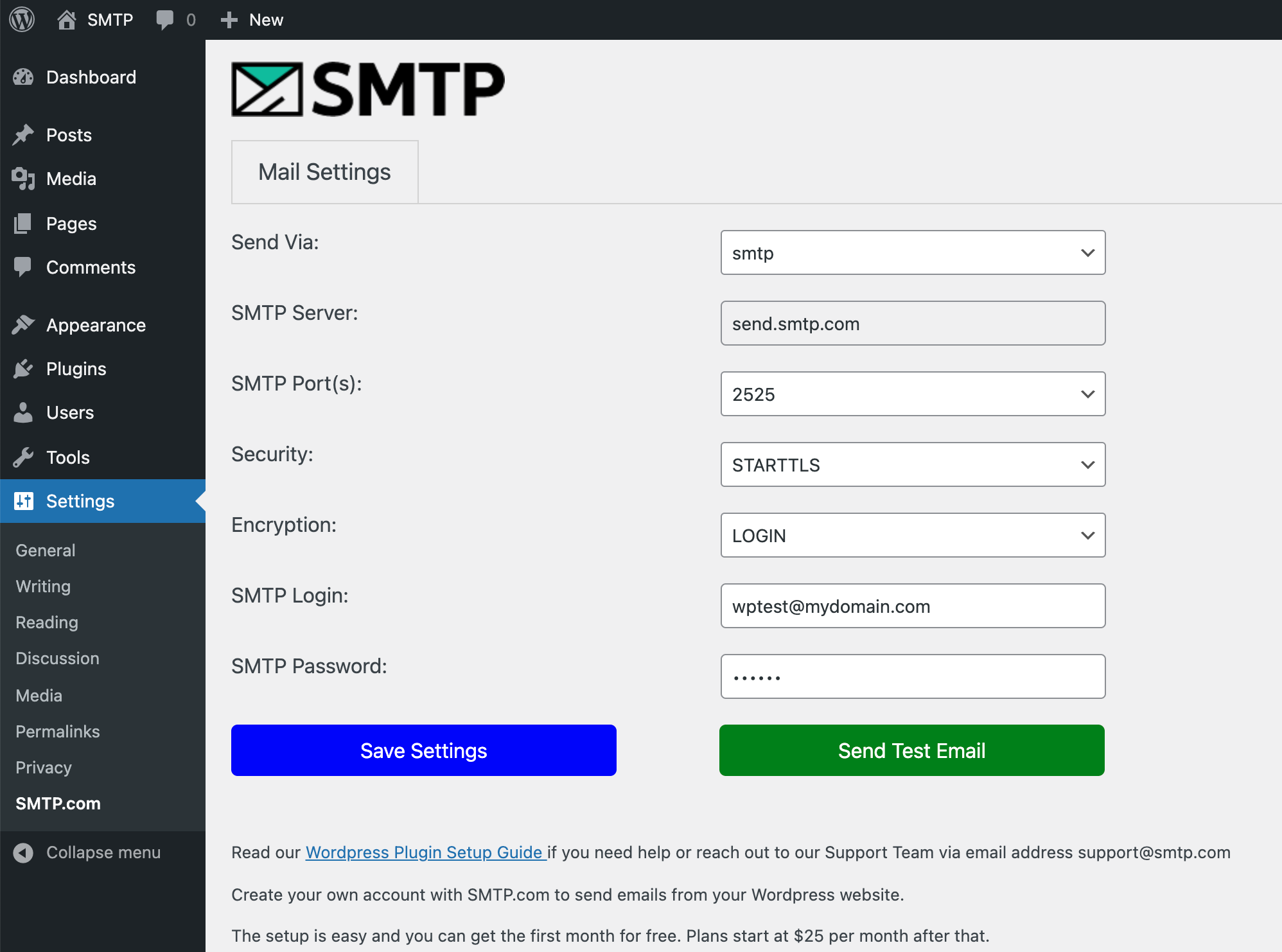 The Settings Page: Send via SMTP Protocol.