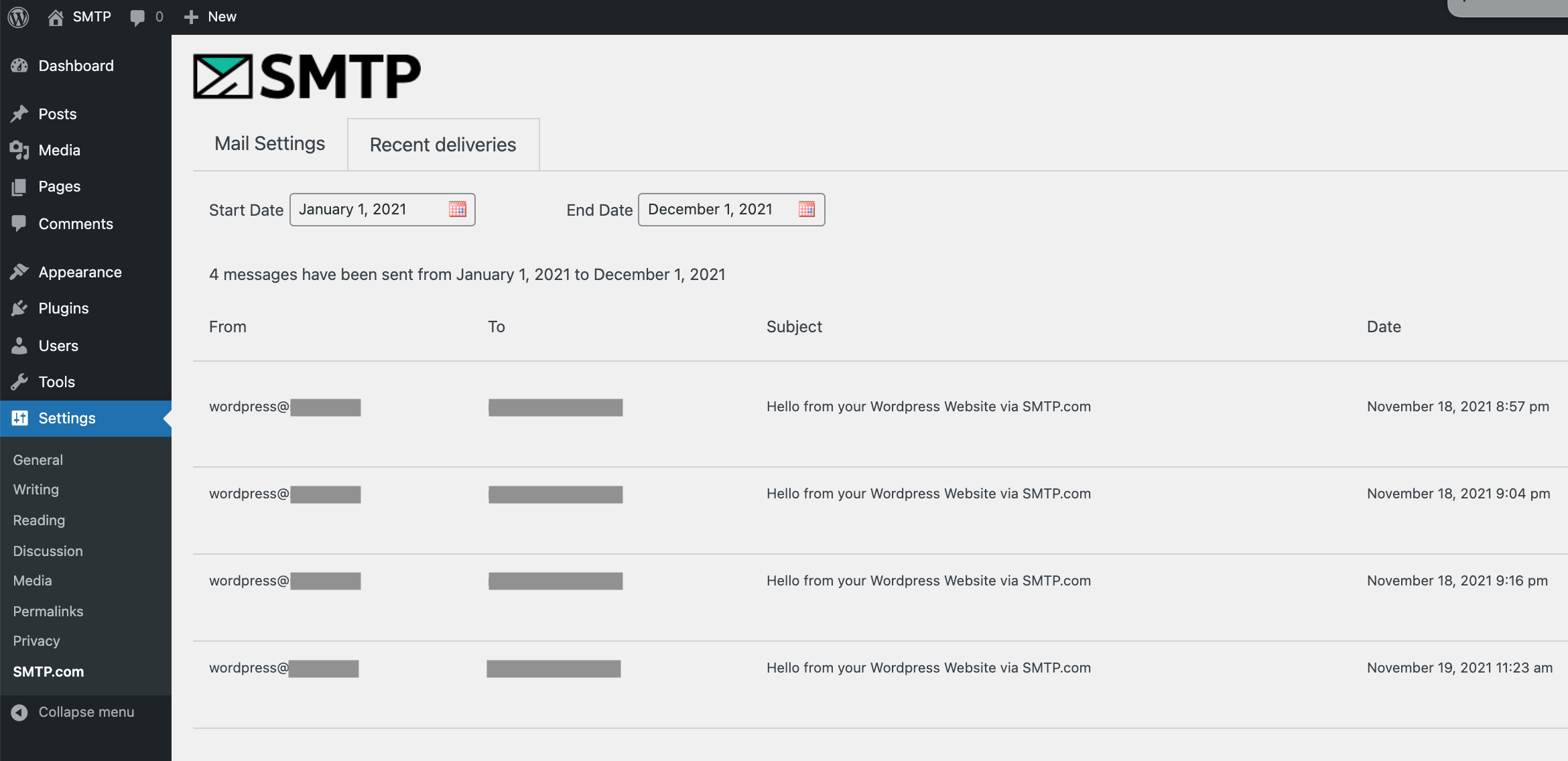 The Recent Deliveries page.