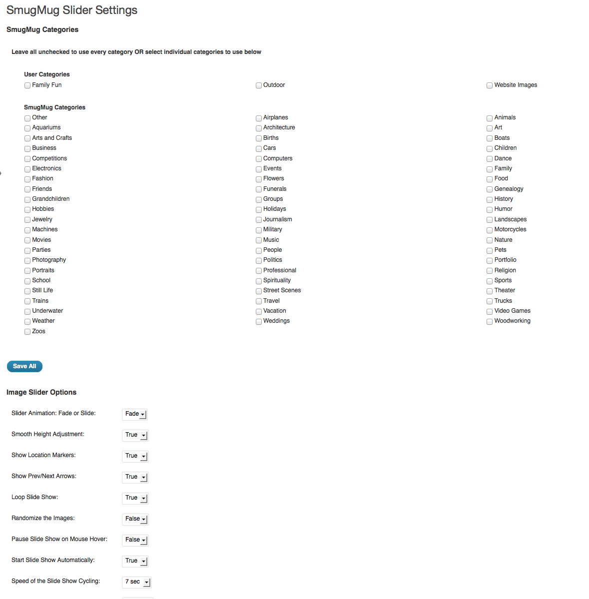 **Settings Screen** - The settings allow you to filter the galleries by category as well as set some default parameters for the slider.