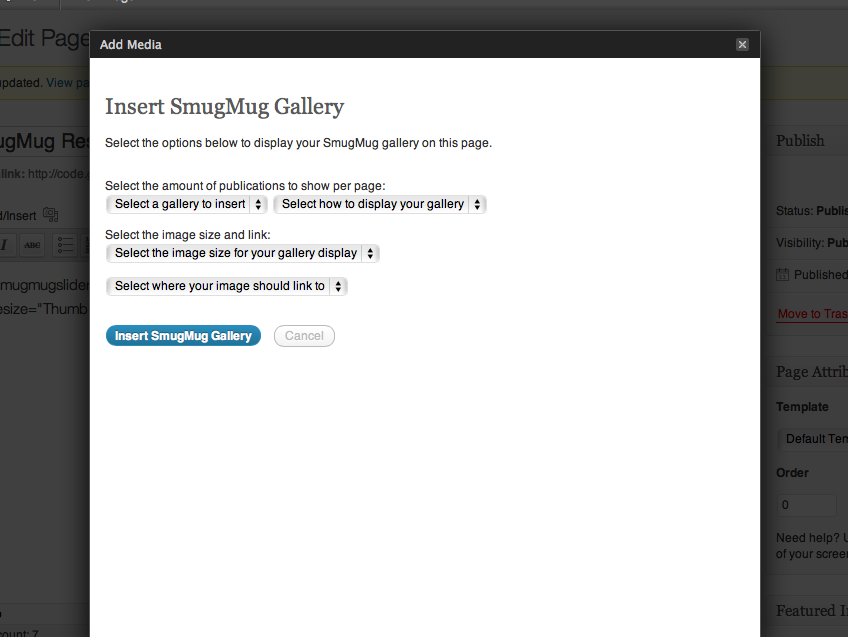 **Shortcode Generator** - No need to remember the shortcode.  Just select the SmugMug options tab in the upload/insert media area and select your options.