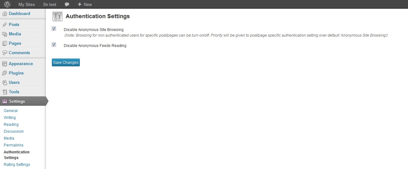 SN Authentication Settings