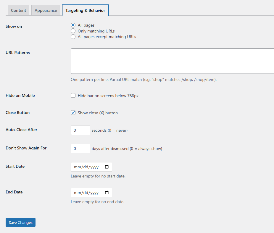 Settings page — Targeting & Behavior tab