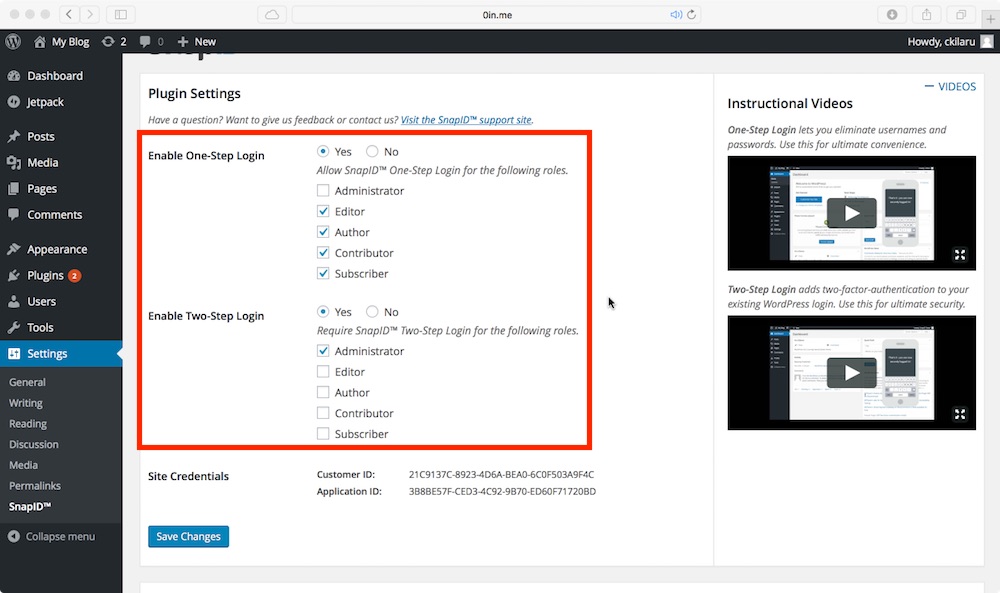 SnapID settings page.