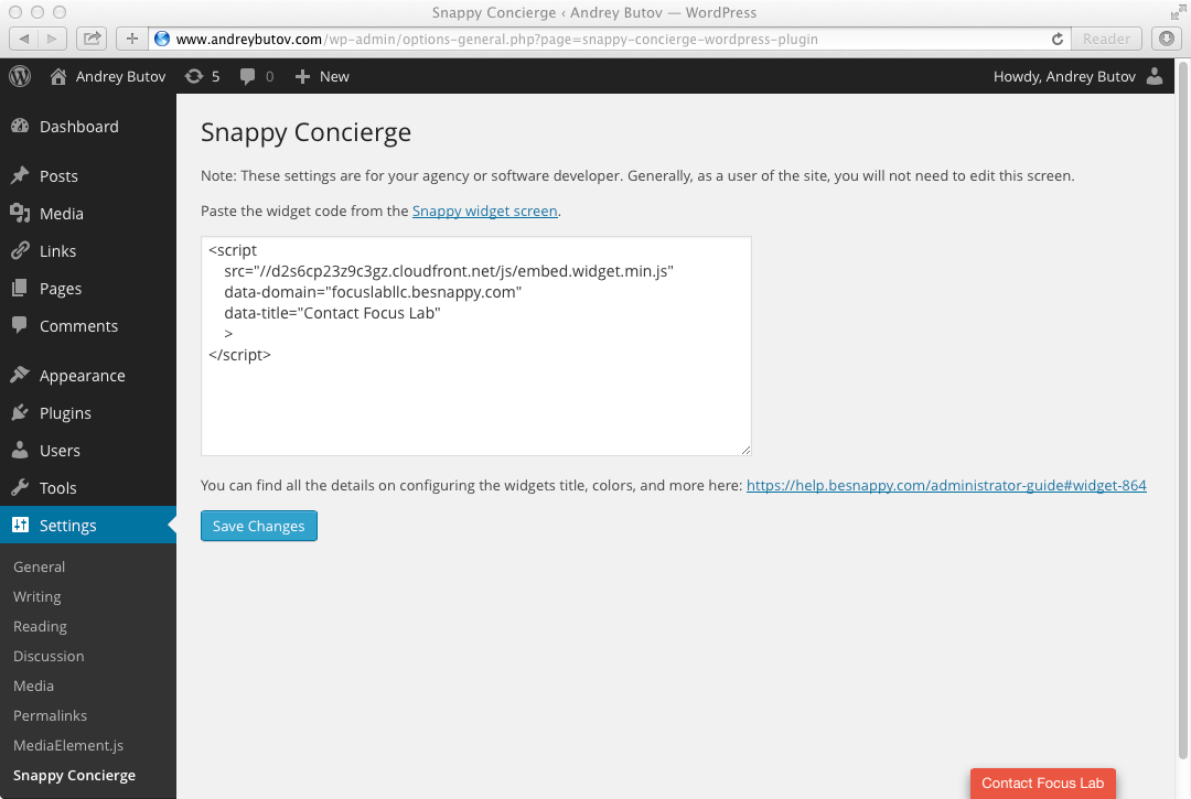 Here you can see the tab embedded into the Wordpress admin as well as where the widget code from Snappy needs to be placed.