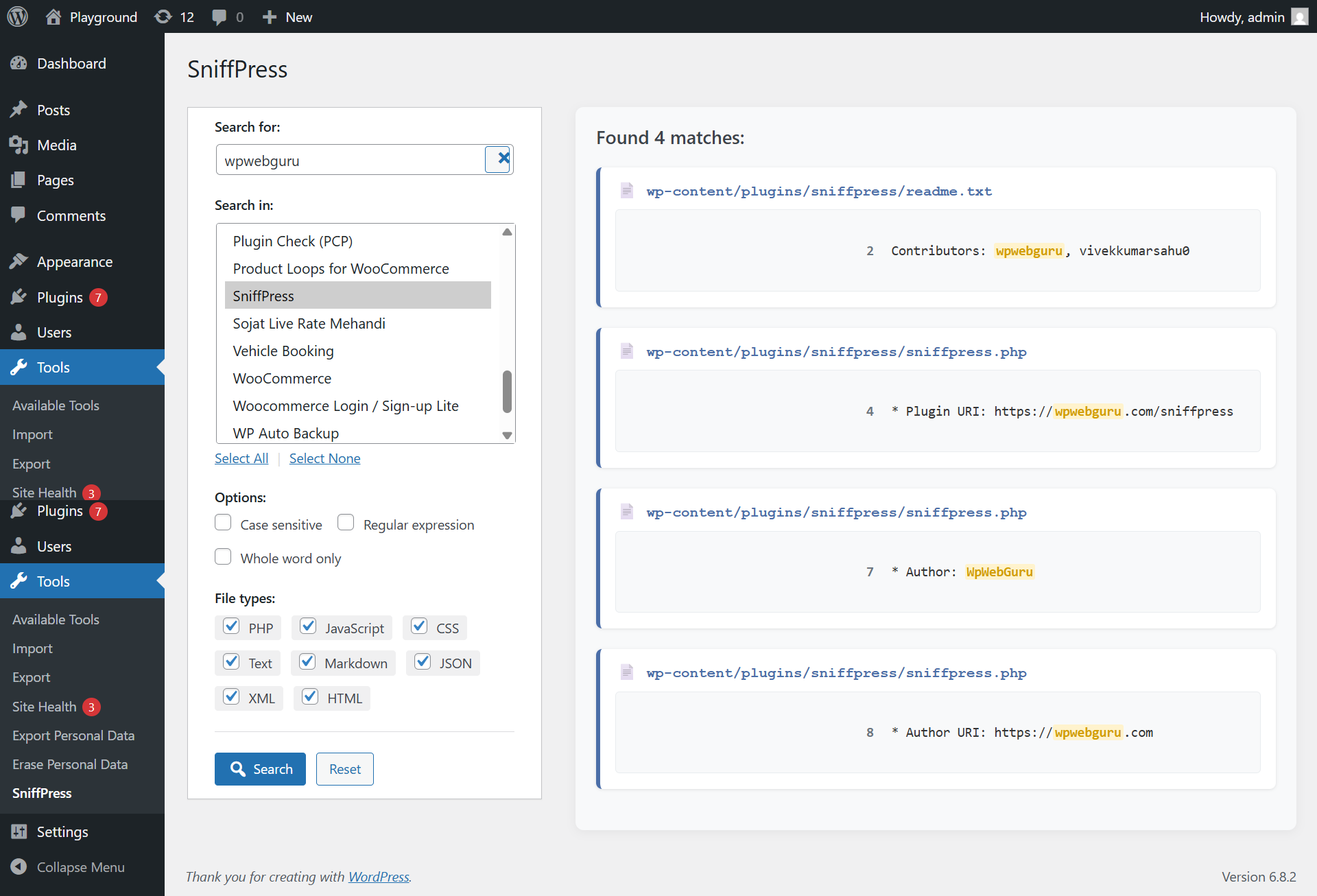 Example search results with highlighted matches
