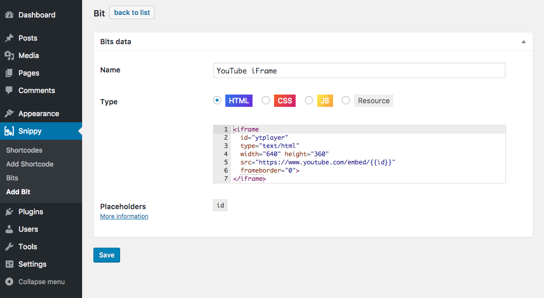Creating an HTML bit containing a YouTube iframe snippet and setting the `{{id}}` placeholder.