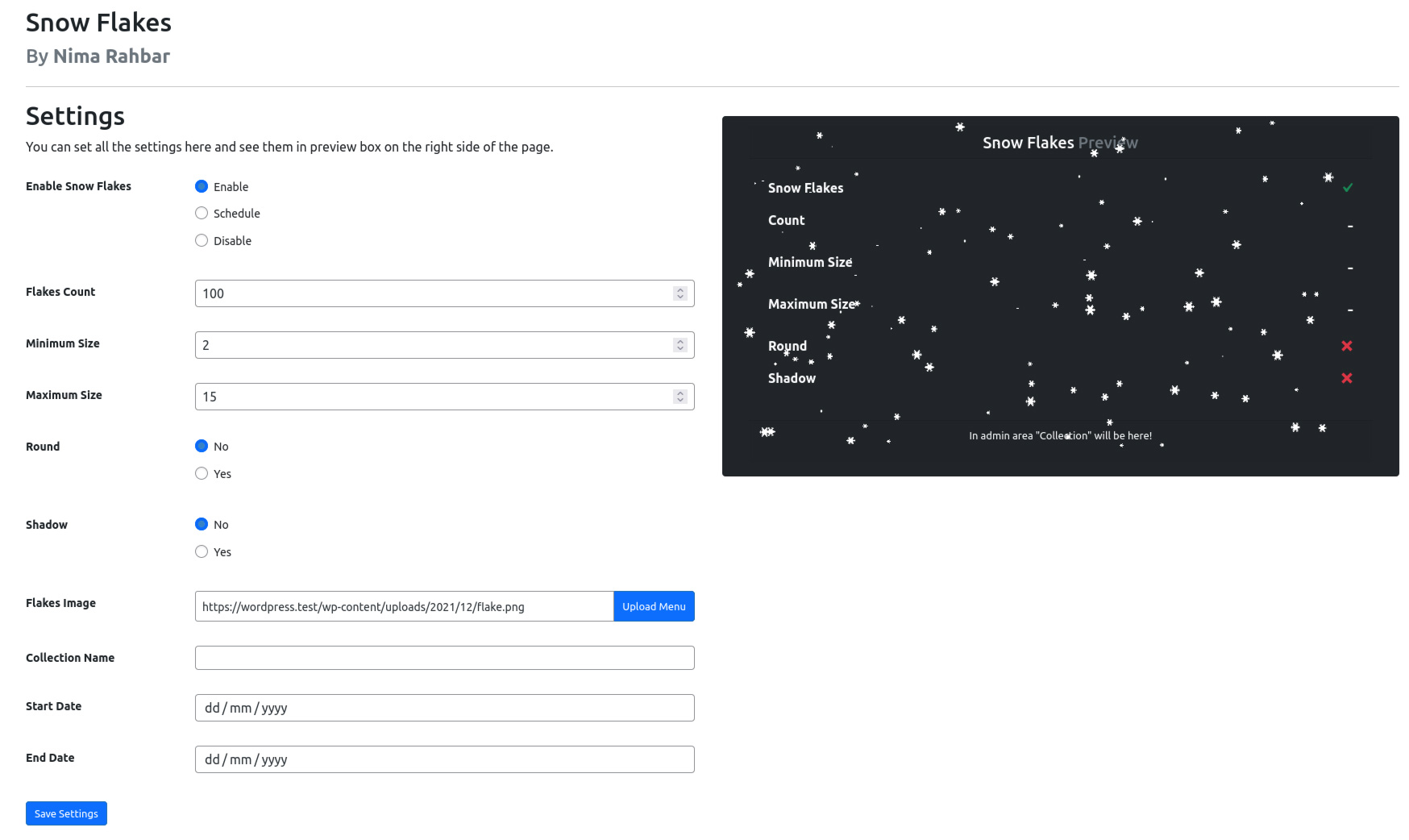 The plugin Settings page