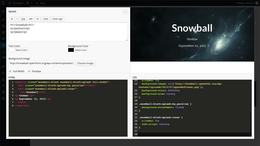 Open Snowball's code editor to inspect a block and customize it with your own CSS.