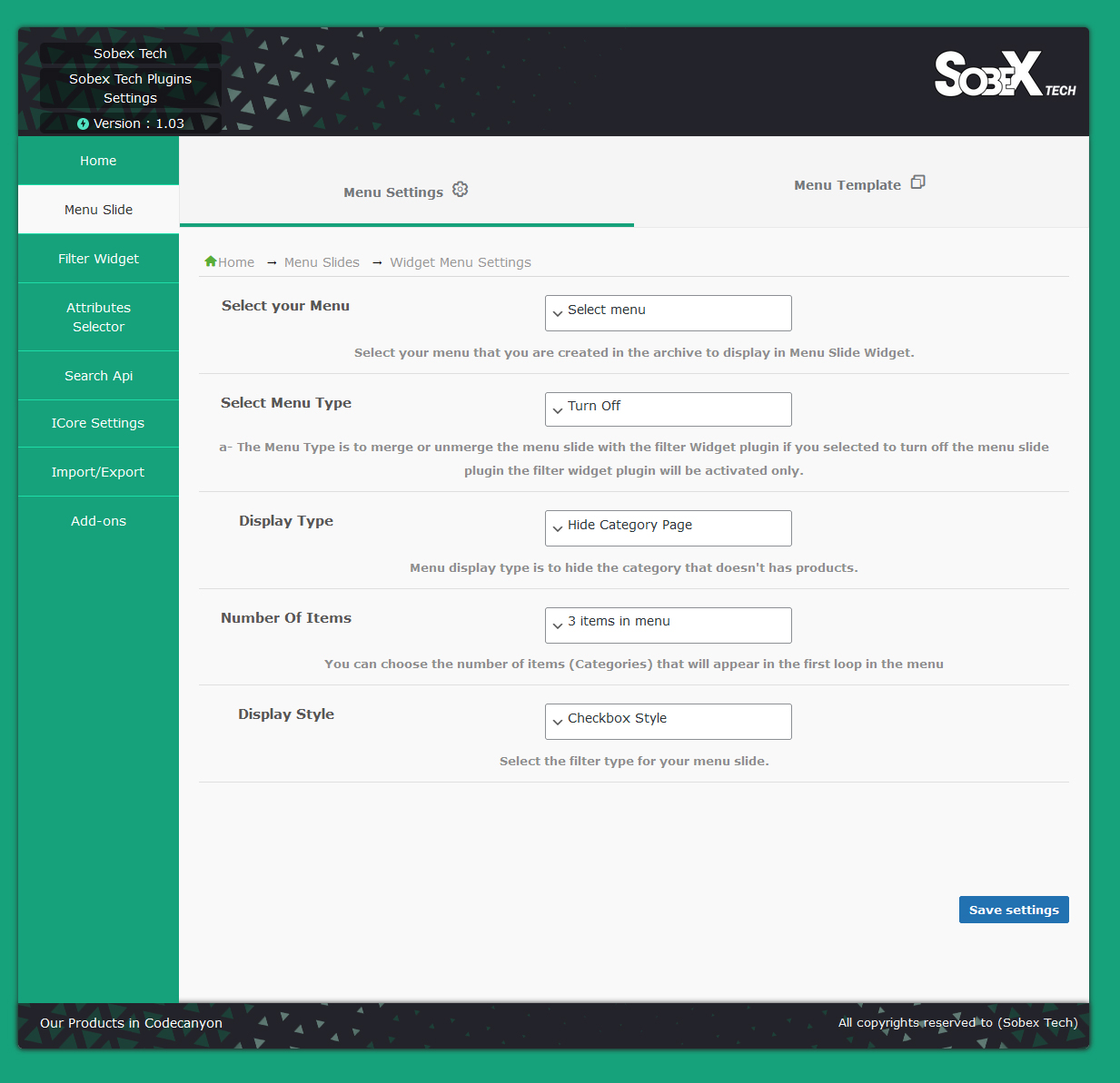 Sobex tech iCore Settings, You can sync and reset your settings