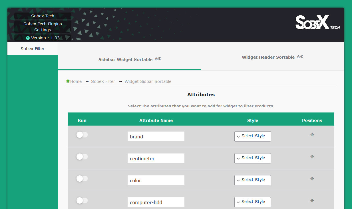 Sobex tech Style Settings, you can customize the style such as icons and font size and colors etc, for menu and filter widget of sidebar and header