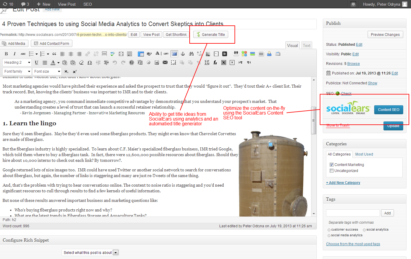 SocialEars buttons are directly integrated into the WordPress Page and Post edit tools, allowing quick Content SEO