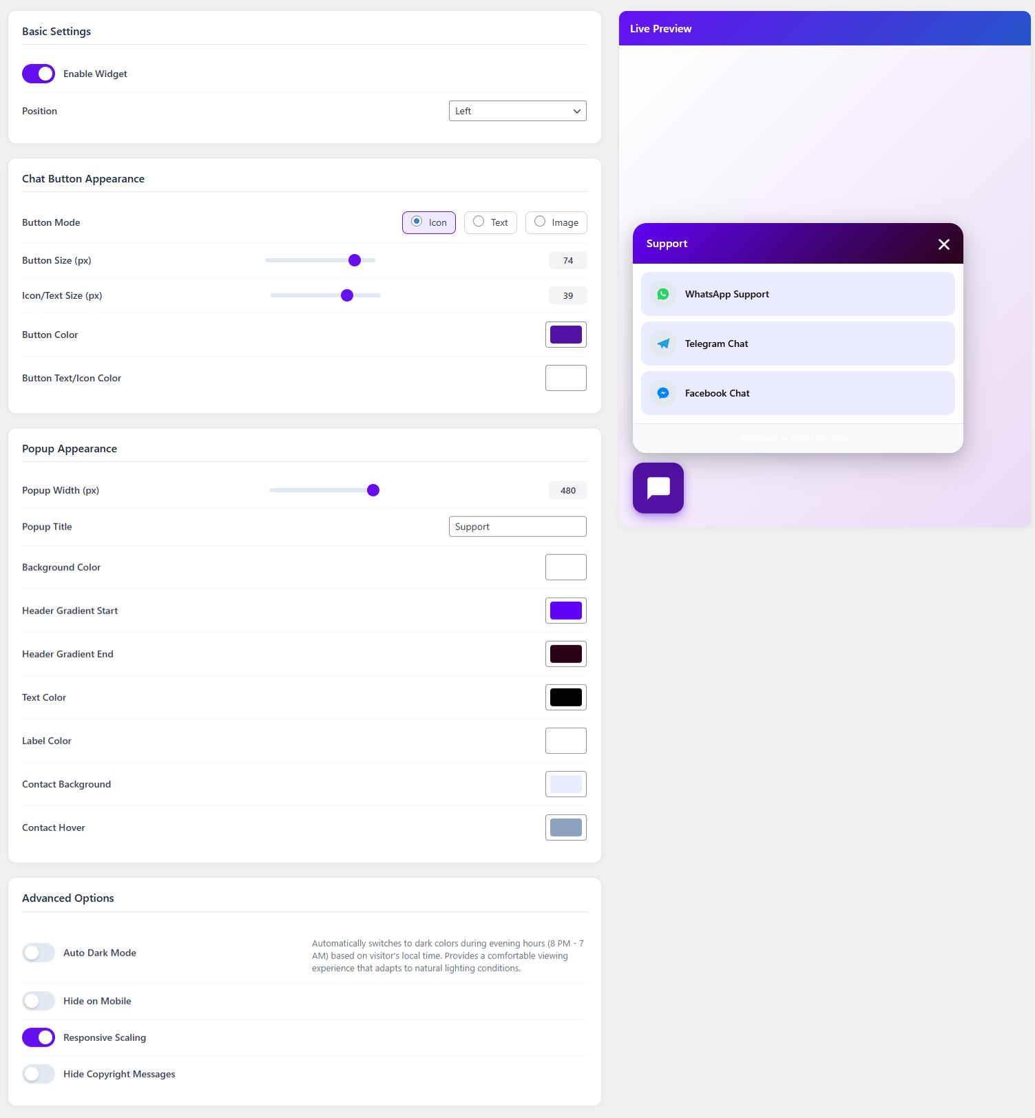 **Settings Page** - Comprehensive customization options with live preview
