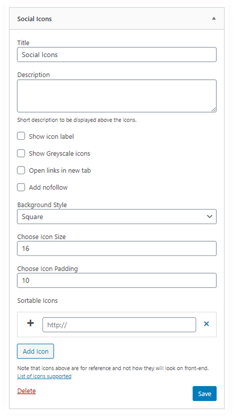 Social Icons Widget Form