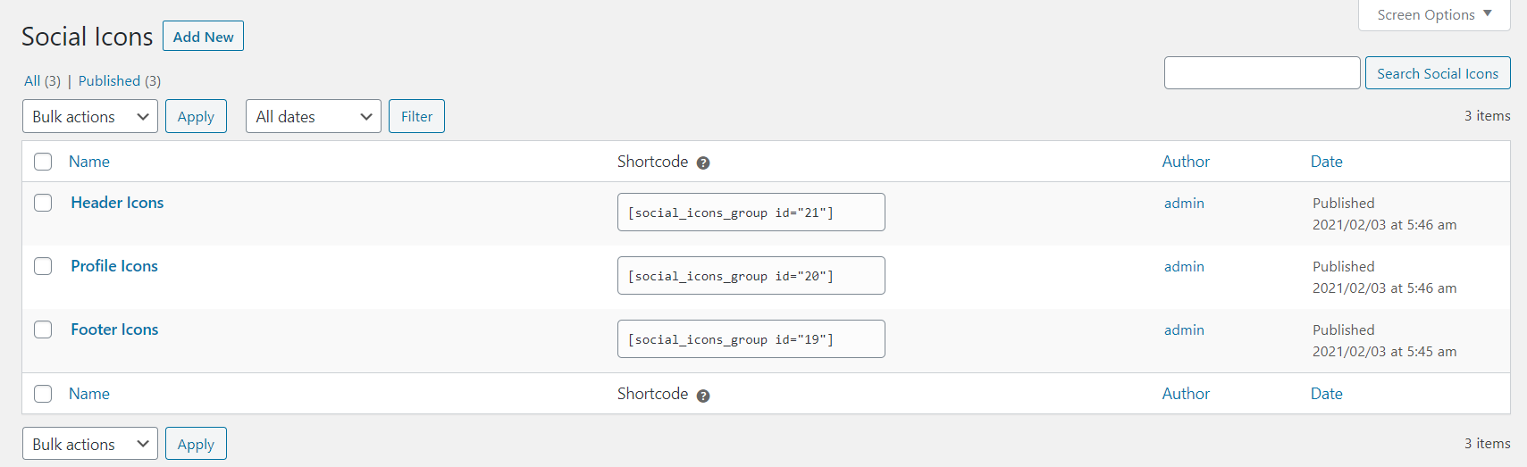 Social Icons Admin Panel