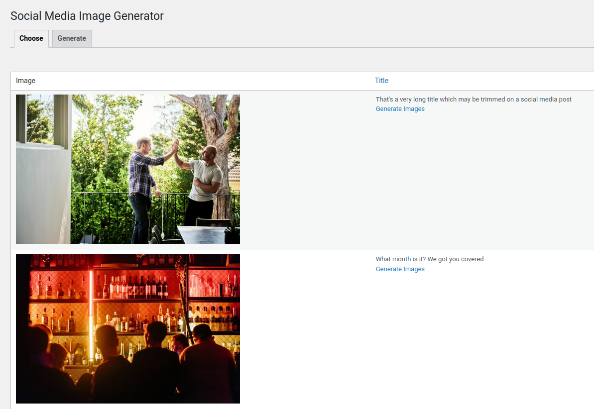 This screenshot shows the selection of posts for which you can create social media images.