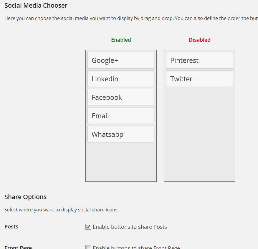 Backend select which social media profile to show and order by drag and drop
