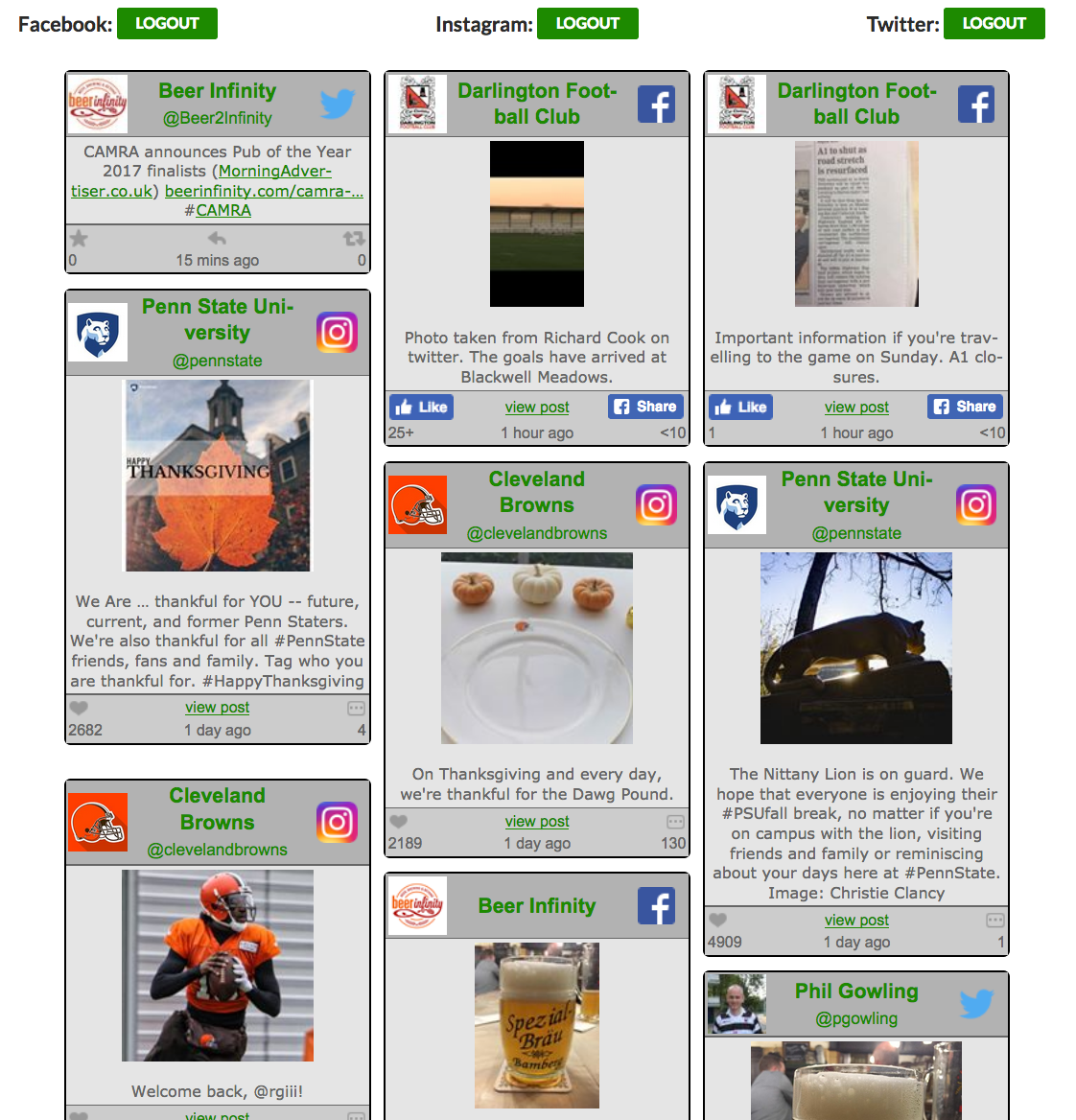 Page showing Facebook, Instagram and Twitter posts using the 'neutral' layout style. Individual boxes will dynamically rearrange according to the width of the browser or if the web page is viewed on a tablet or smartphone. Note: Login & Logout buttons default to the style of the installed WordPress theme.