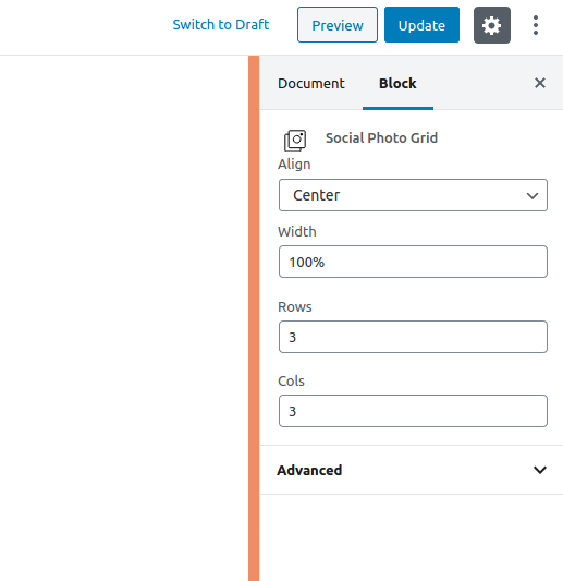 Social Photo Grid Gutternberg block settings