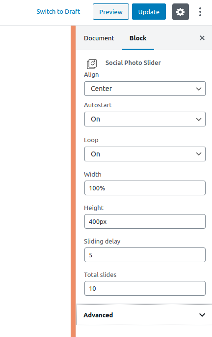 Social Photo Slider Guttenberg block settings