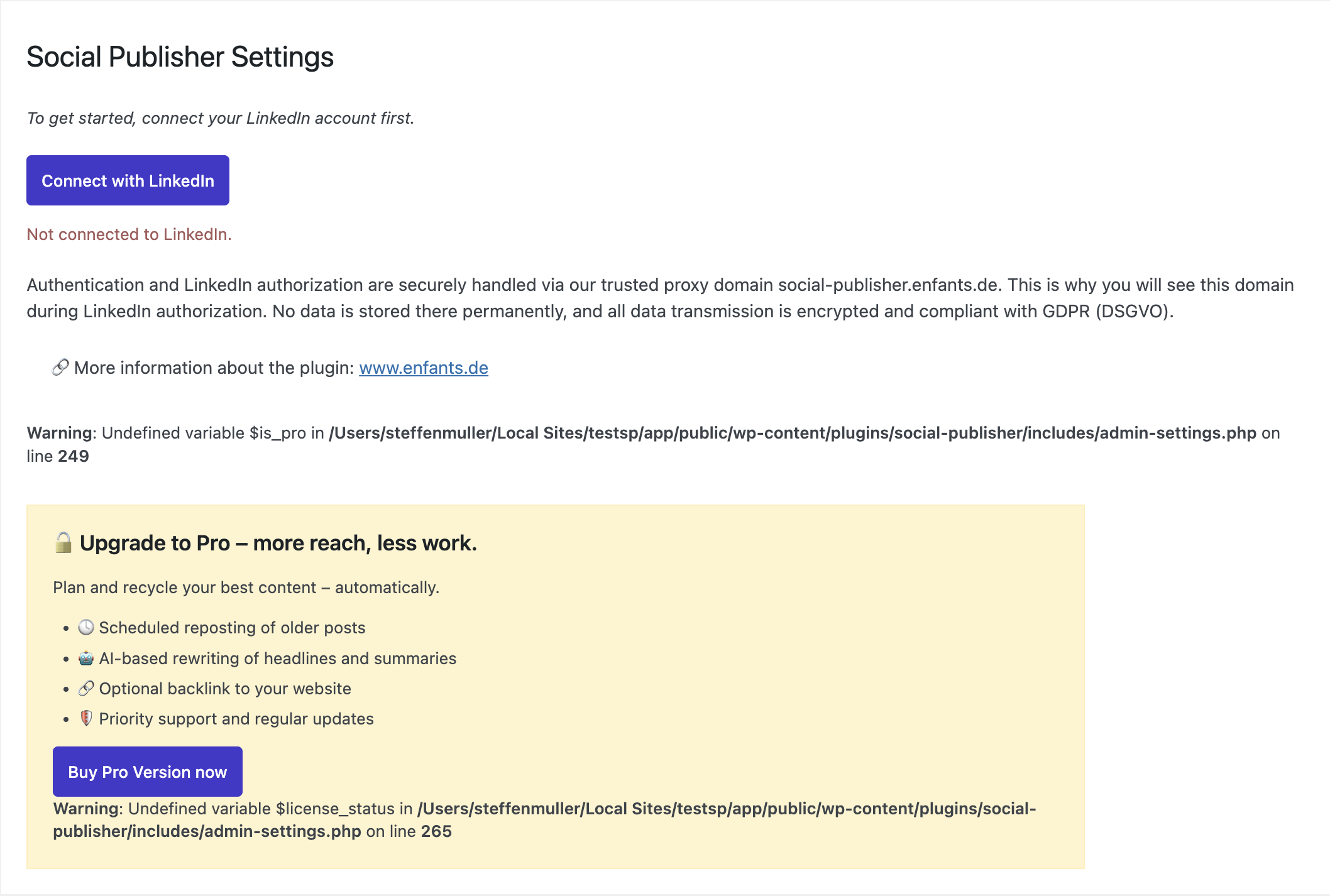 Admin interface with LinkedIn sharing options