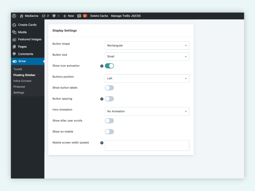 Floating Sidebar social share buttons configuration page