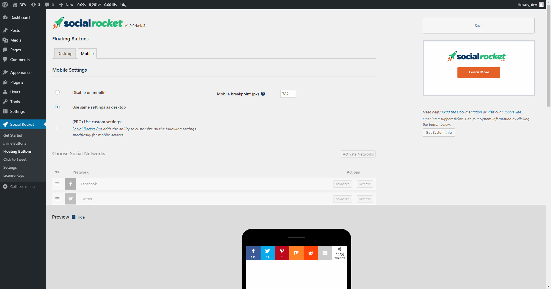 Floating Buttons settings