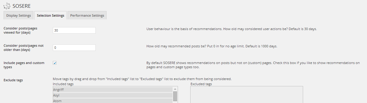 SOSERE Settings Page: Selection Settings. Customize considered posts