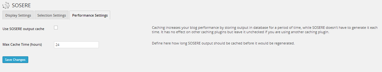 SOSERE Settings Page: Performance Settings.