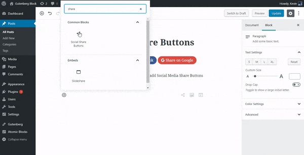 Admin View - Social Share Buttons Gutenberg Block in action.