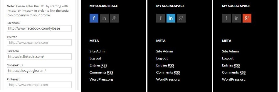 Only those social icons will appear on website whose URL are entered in widget (In this case: Facebook, LinkedIn and Google+). Icons get lighted up on hover.