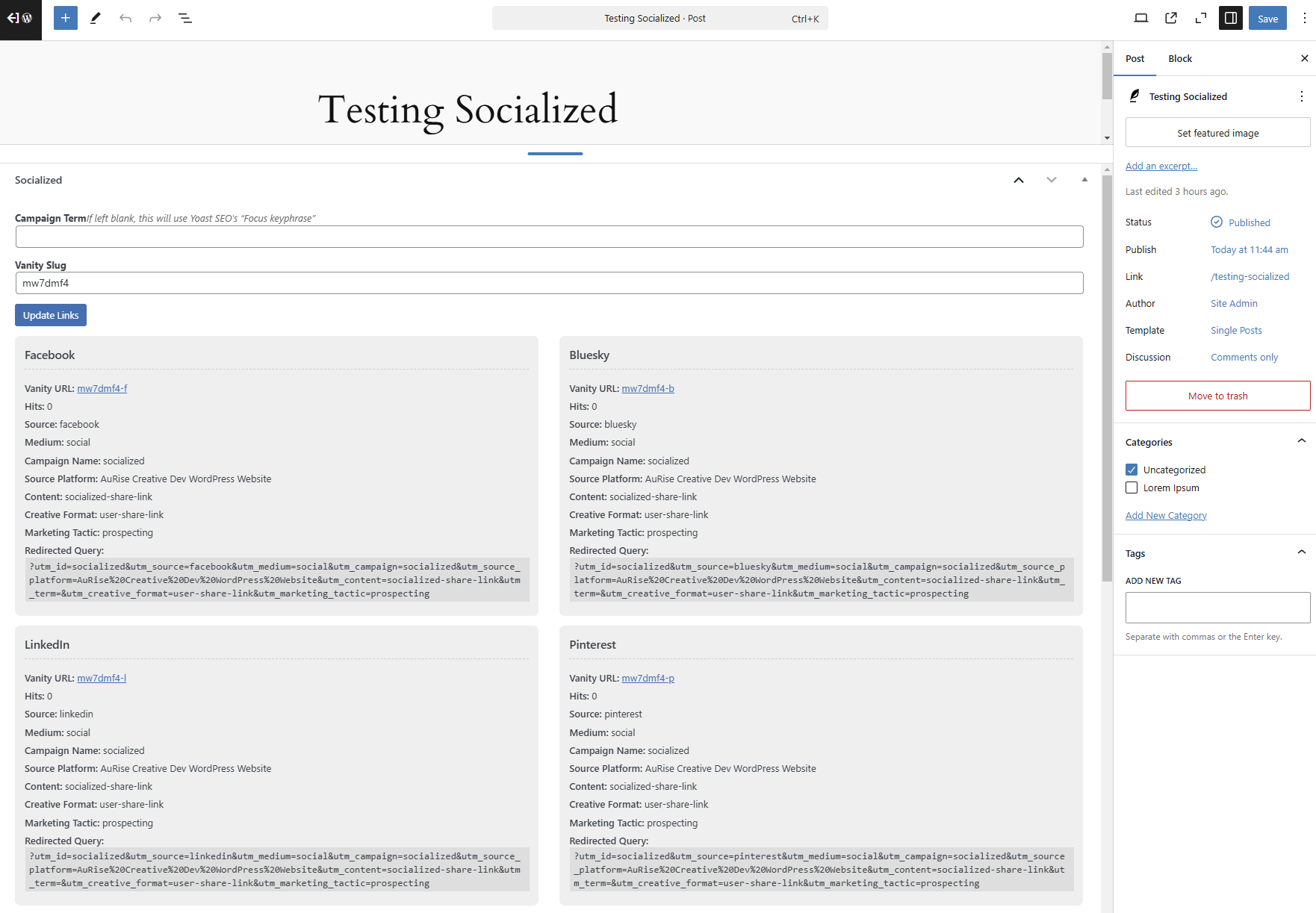 If adding the plugin to an existing site, this button will generate shortlinks for all of those posts. Also useful if modifying which post types to apply this to.