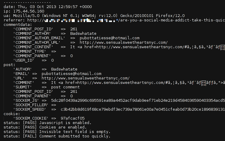 Debug log shows comment data, $_POST data, $_COOKIE data, and the results of each enabled Sock'Em SPAMbots test.