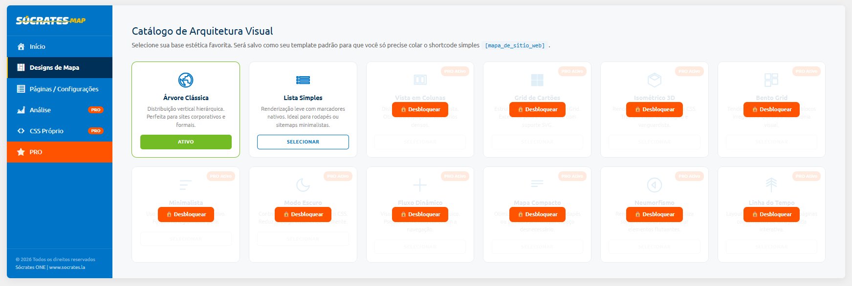 Map Designs tab — visual template catalog showing free templates and PRO designs available at socrates.cl.