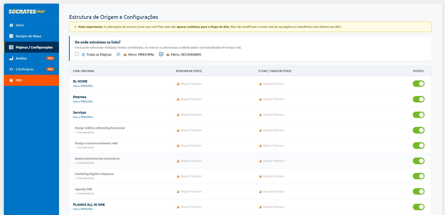 Pages / Settings tab — page visibility control with source selector and toggle switches.