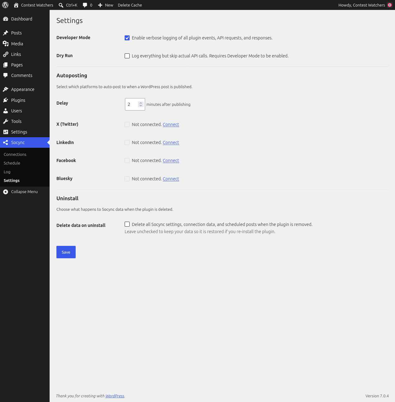 Socync Settings page