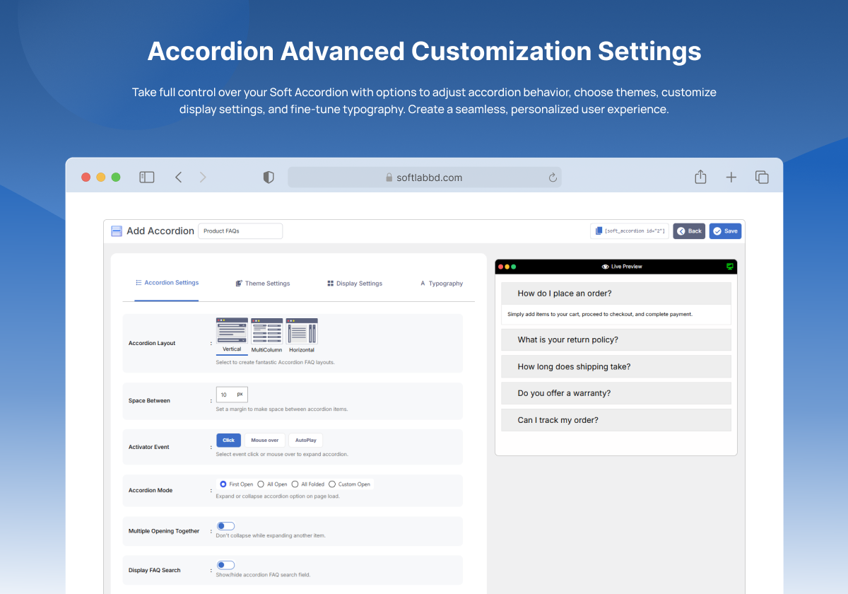**Display Settings:** Customize appearance and functionality.
