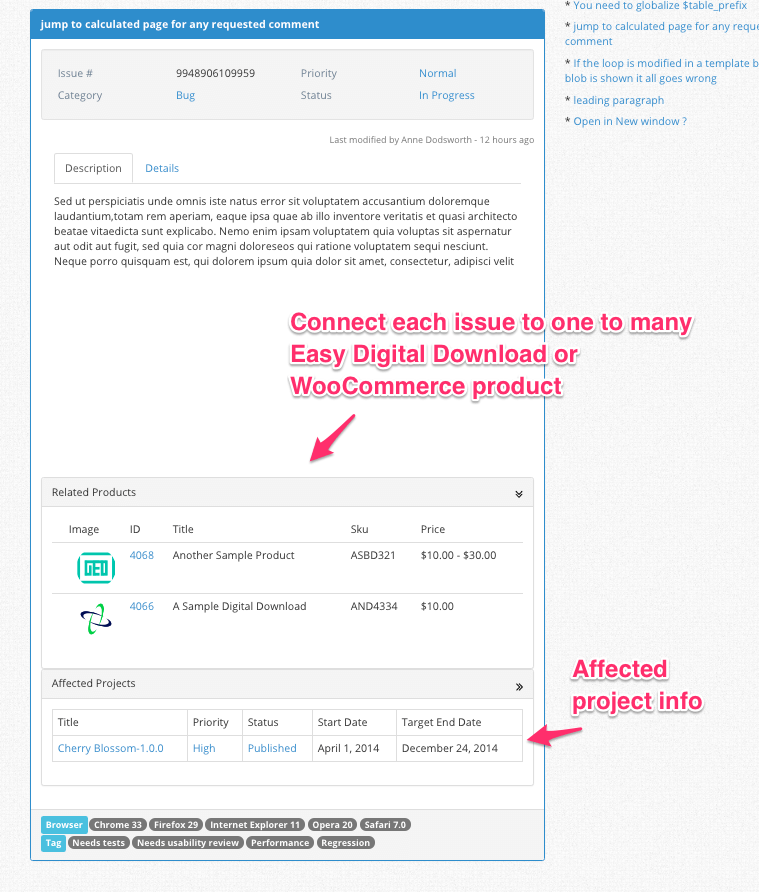Get insight on your products linking them to issues using [SIM WooCommerce](https://emdplugins.com/plugin-features/software-issue-manager-woocommerce-addon/?pk_campaign=software-issue-manager-com&pk_kwd=screenshots) and [SIM Easy Digital Downloads](https://emdplugins.com/plugin-features/software-issue-manager-easy-digital-downloads-addon/?pk_campaign=software-issue-manager-com&pk_kwd=screenshots)