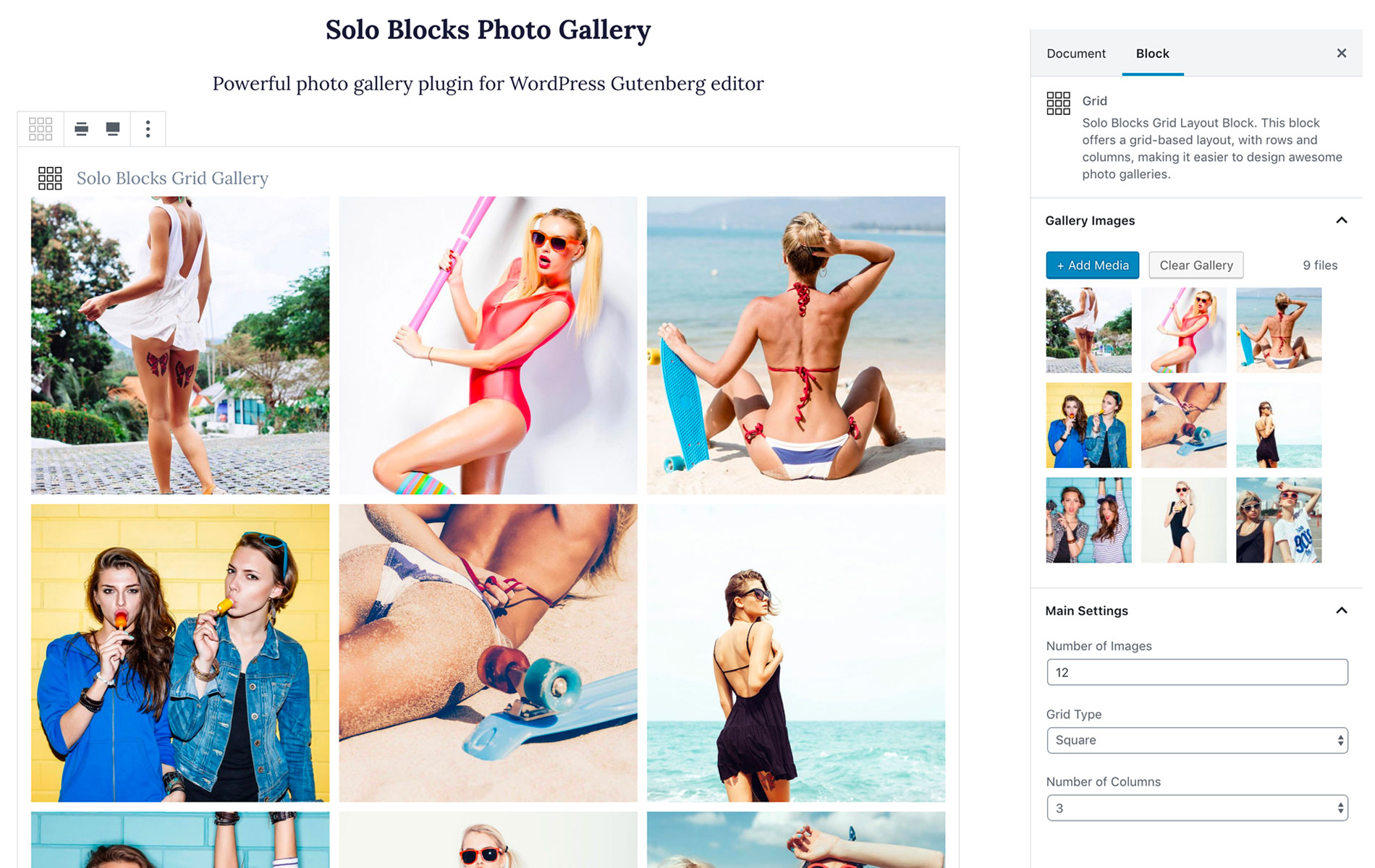 Photo gallery block settings in Gutenberg editor
