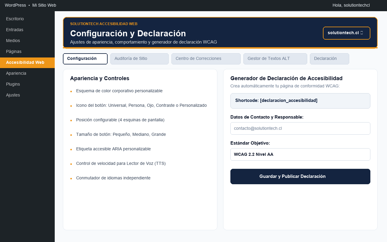 Panel de administración en WordPress con opciones de personalización, colores y generador de declaración WCAG.