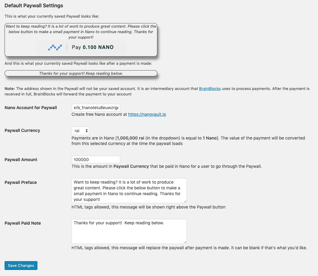 Settings page allows default values to be set.