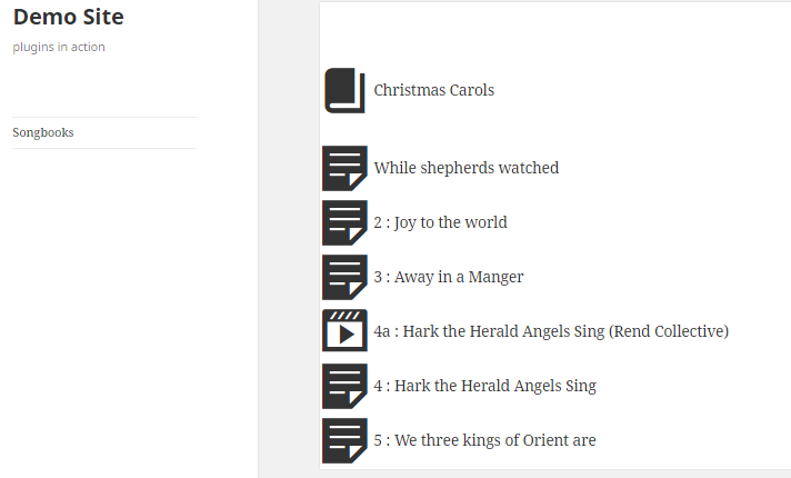 Front end Song book for Christmas carols showing one song with a youtube link embedded.