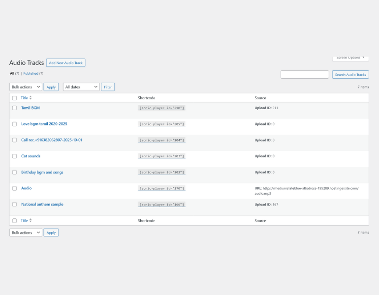 **Manage Tracks Screen:** Easily view all your audio tracks and copy shortcodes with a single click.