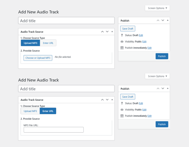 **Add New Track Screen:** The simple interface for uploading or linking to your MP3 files.