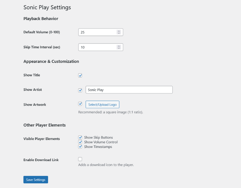 **Settings Page:** A clear overview of all customization options, including artwork and artist name settings.