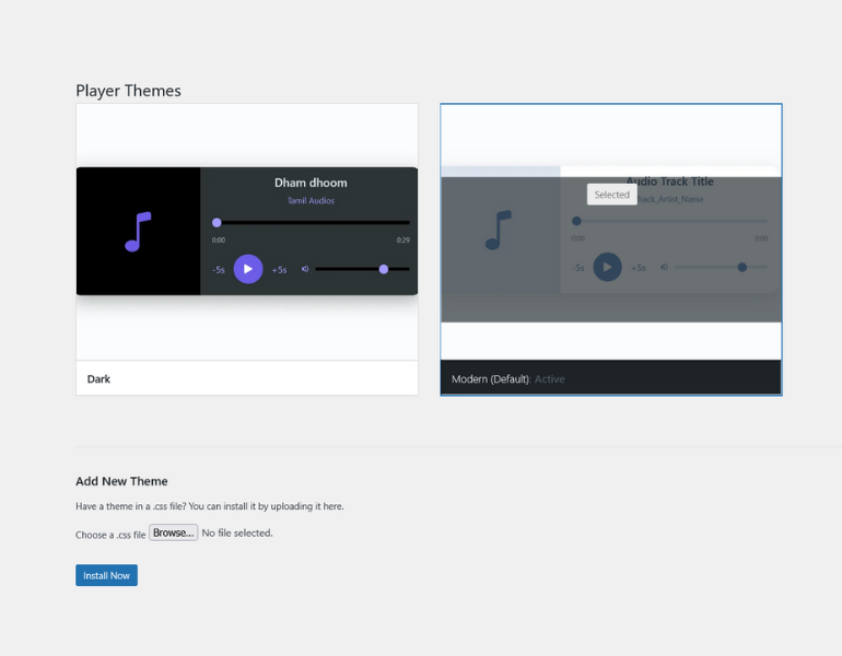 **Theme Selector:** Visually choose between the available player themes.