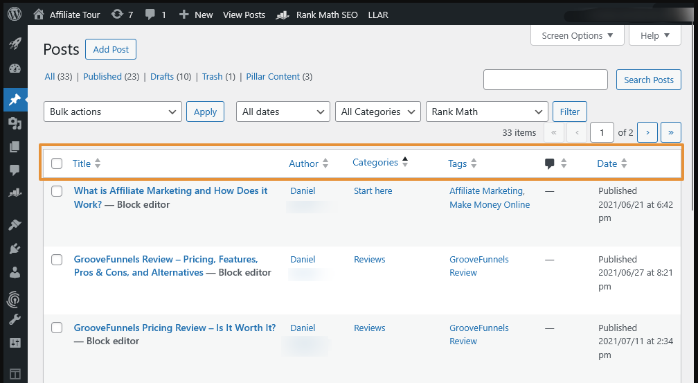 **Admin list view:** See custom sortable columns for posts and pages.