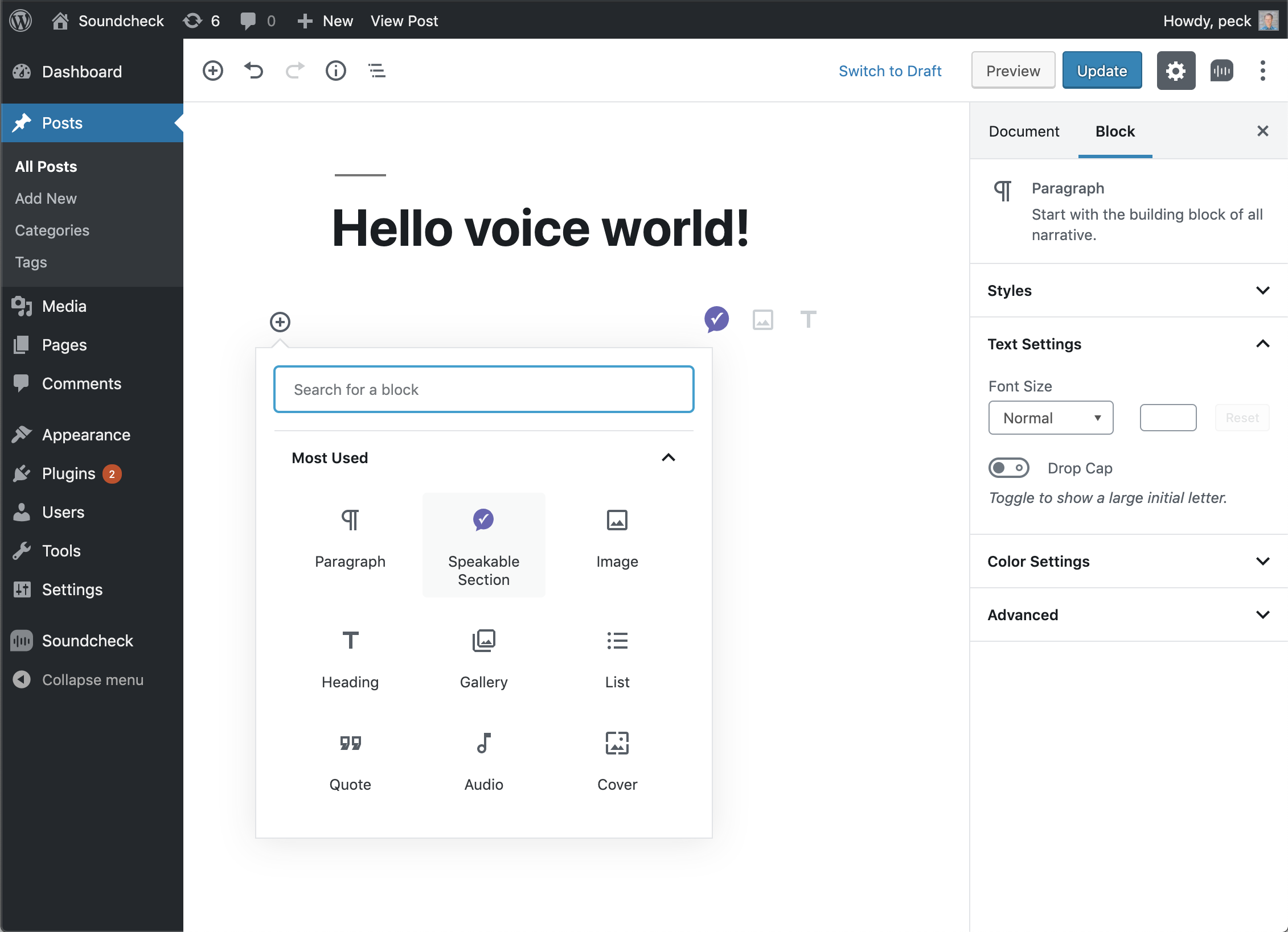 Add a Speakable Section content block.