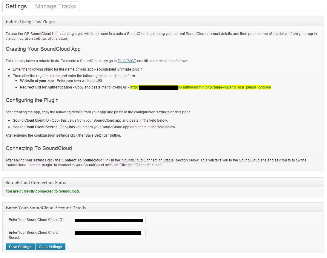 Screen shot showing Settings page of this plugin.