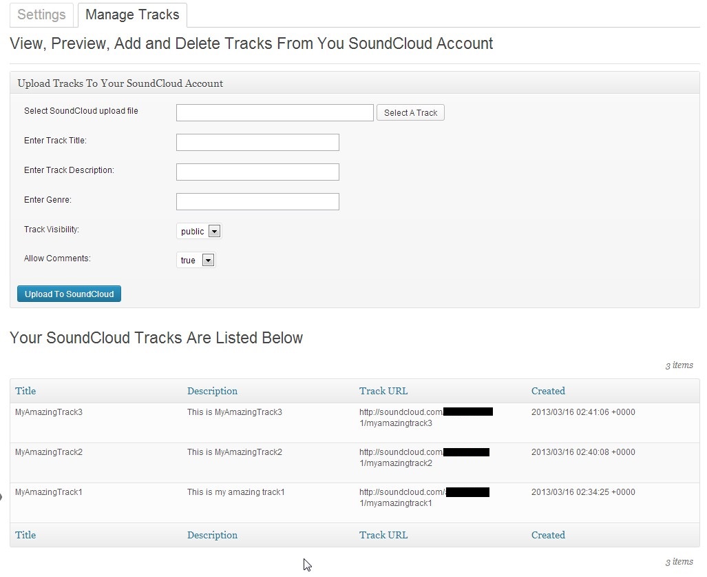 Screen shot showing the "Tracks" administration page.